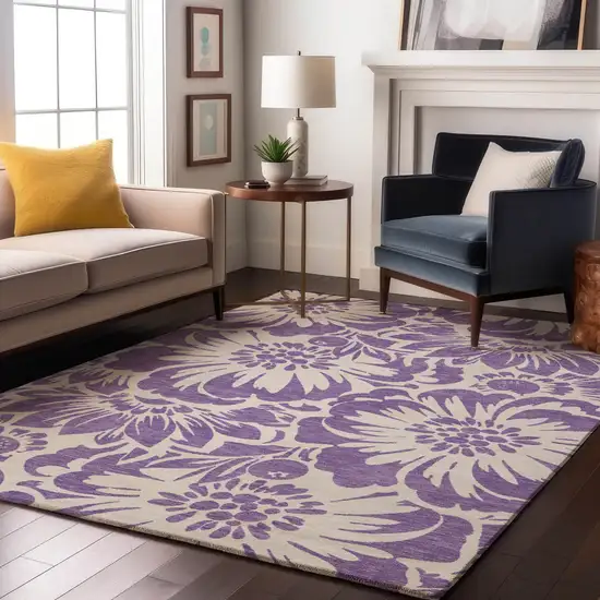 Purple And Ivory Floral Washable Area Rug With UV Protection Photo 5