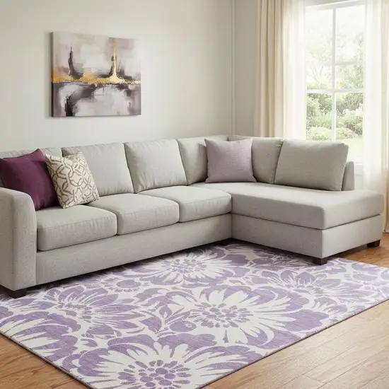 Purple And Ivory Floral Washable Area Rug With UV Protection Photo 1