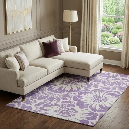 Purple And Ivory Floral Washable Area Rug With UV Protection Photo 1