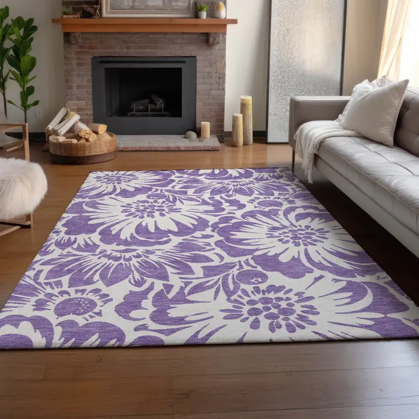 Purple And Ivory Floral Washable Area Rug With UV Protection Photo 6