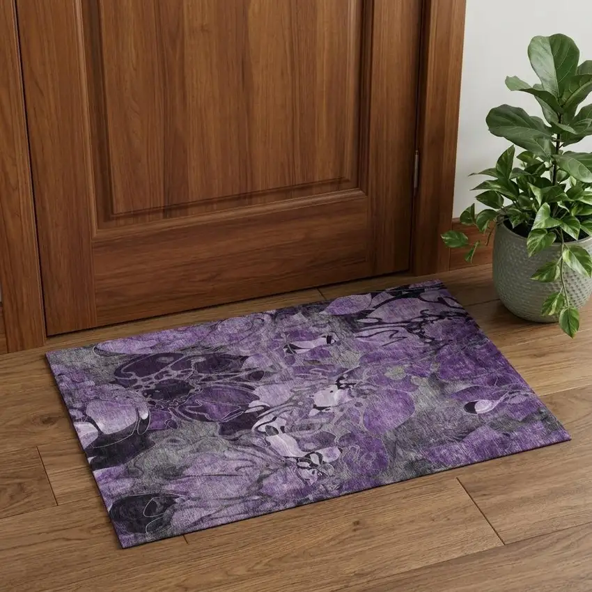 Purple And Ivory Abstract Distressed Washable Area Rug With UV Protection Photo 1