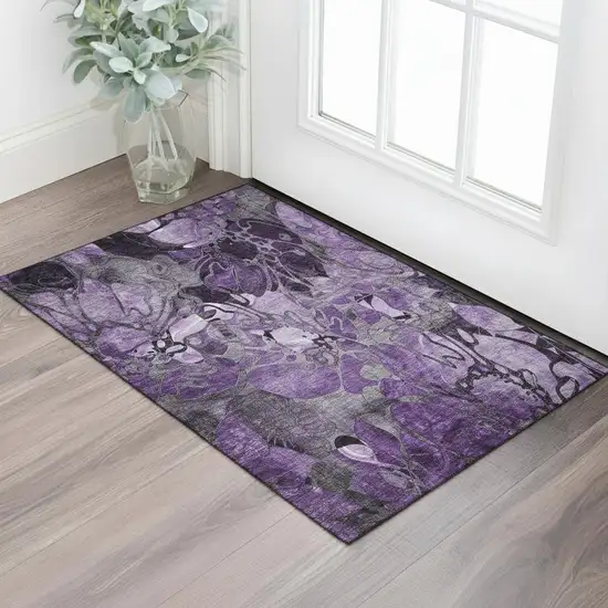Purple And Ivory Floral Washable Area Rug With UV Protection Photo 1