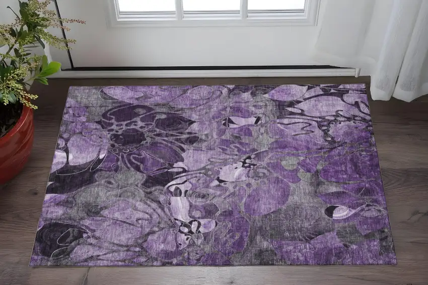 Purple And Ivory Floral Washable Area Rug With UV Protection Photo 2