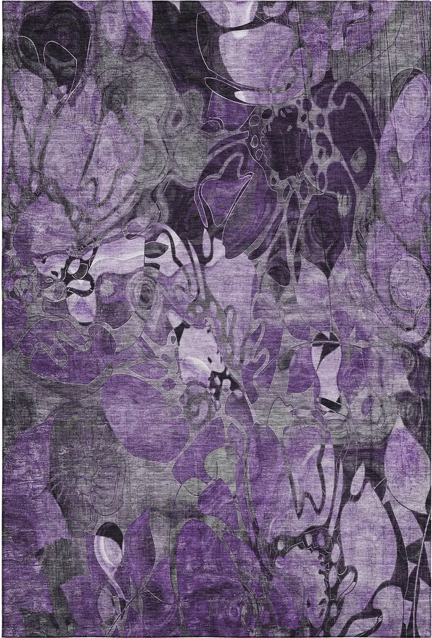 Purple And Ivory Floral Washable Area Rug With UV Protection Photo 1