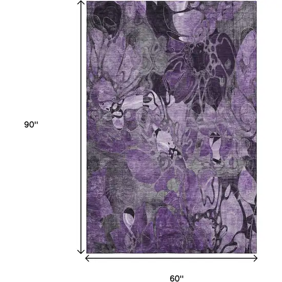 Purple And Ivory Floral Washable Area Rug With UV Protection Photo 3