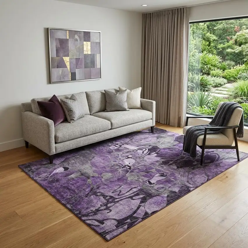 Purple And Ivory Abstract Distressed Washable Area Rug With UV Protection Photo 1