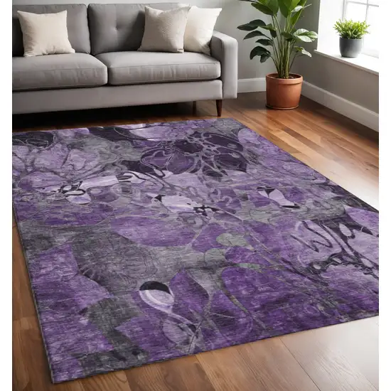 Purple And Ivory Floral Washable Area Rug With UV Protection Photo 2