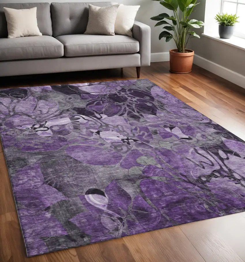 Purple And Ivory Floral Washable Area Rug With UV Protection Photo 2