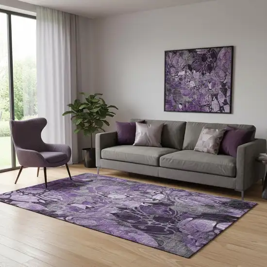 Purple And Ivory Floral Washable Area Rug With UV Protection Photo 1