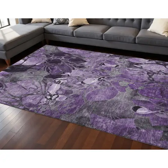 Purple And Ivory Floral Washable Area Rug With UV Protection Photo 2
