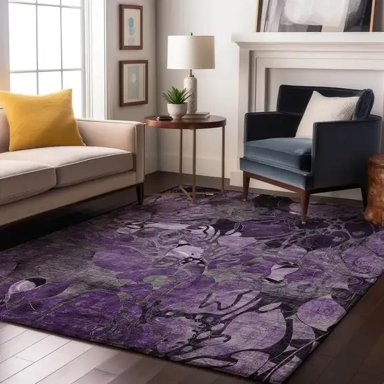 Purple And Ivory Floral Washable Area Rug With UV Protection Photo 5