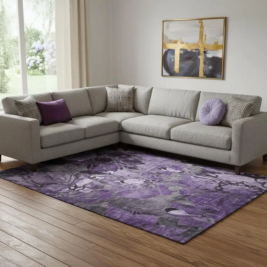 Purple And Ivory Floral Washable Area Rug With UV Protection Photo 1