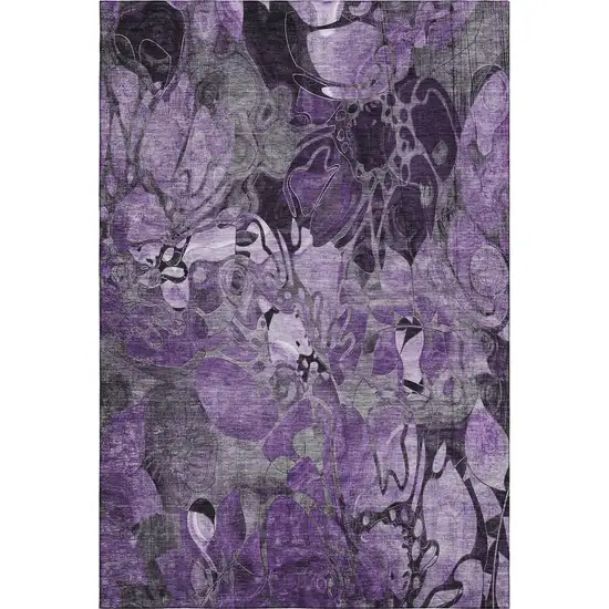Purple And Ivory Floral Washable Area Rug With UV Protection Photo 1
