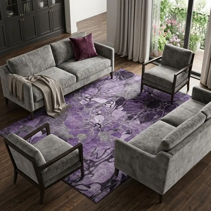 Purple And Ivory Abstract Distressed Washable Area Rug With UV Protection Photo 1