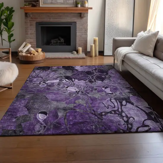 Purple And Ivory Floral Washable Area Rug With UV Protection Photo 6