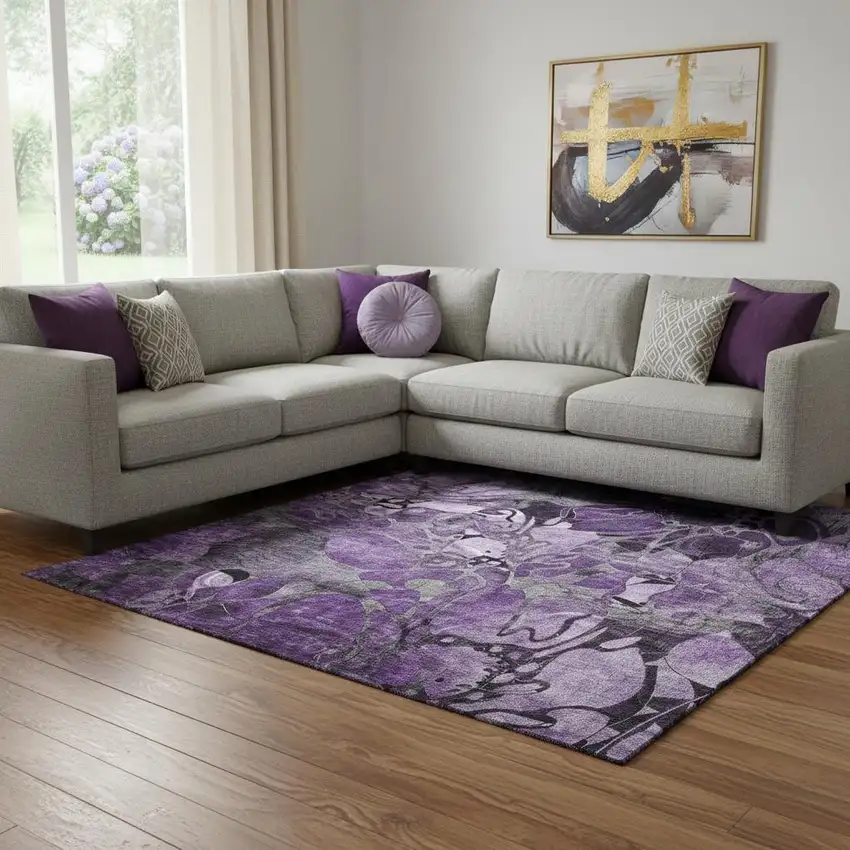 Purple And Ivory Floral Washable Area Rug With UV Protection Photo 1