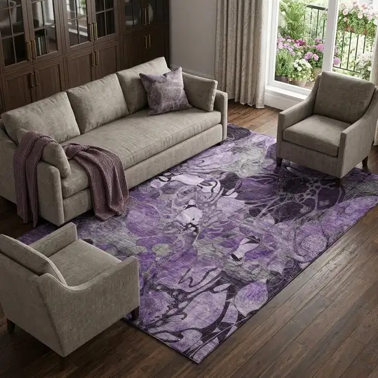 Purple And Ivory Abstract Distressed Washable Area Rug With UV Protection Photo 1