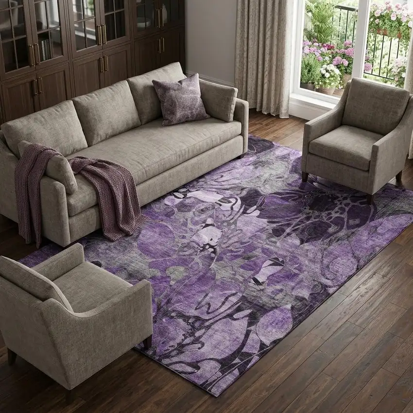 Purple And Ivory Abstract Distressed Washable Area Rug With UV Protection Photo 1