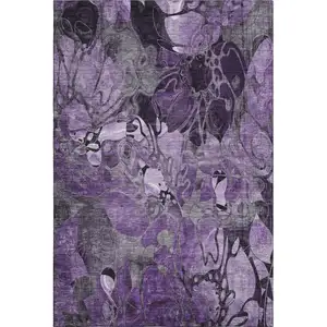 Photo of Purple And Ivory Floral Washable Area Rug With UV Protection