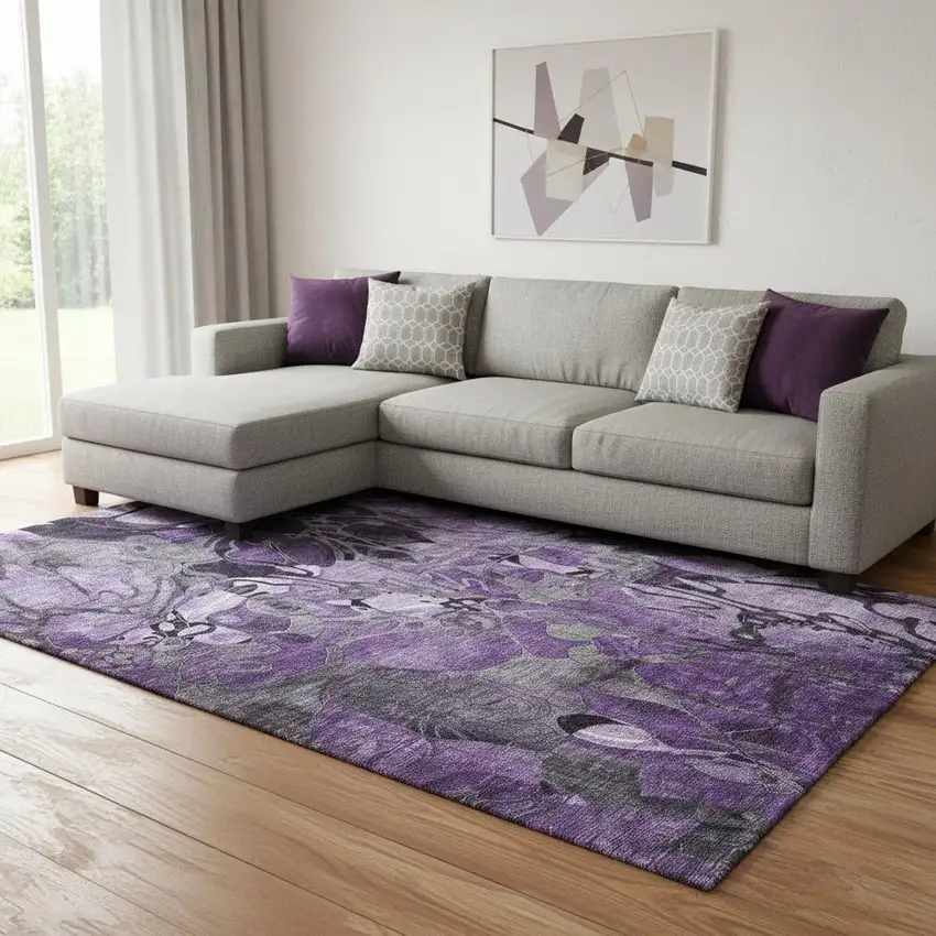 Purple And Ivory Floral Washable Area Rug With UV Protection Photo 1