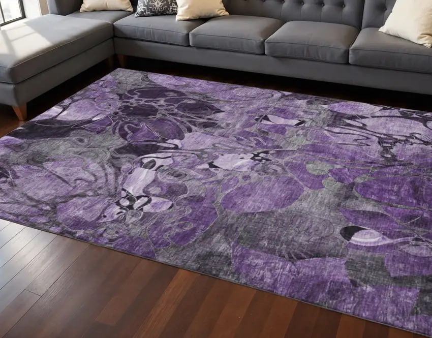 Purple And Ivory Floral Washable Area Rug With UV Protection Photo 2