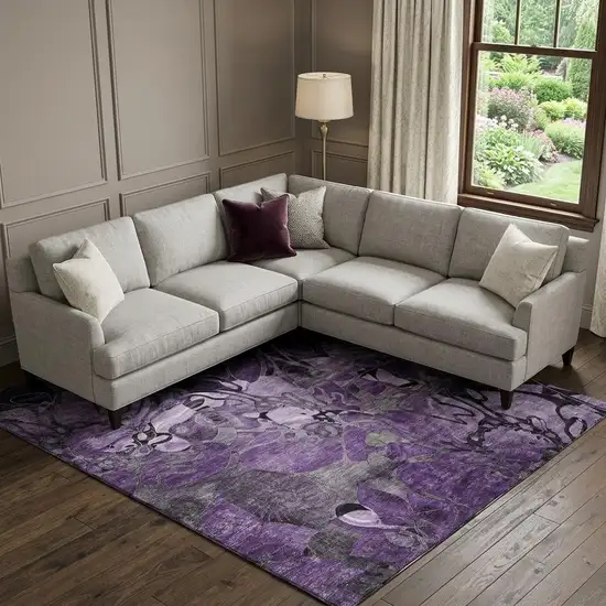 Purple And Ivory Abstract Distressed Washable Area Rug With UV Protection Photo 1