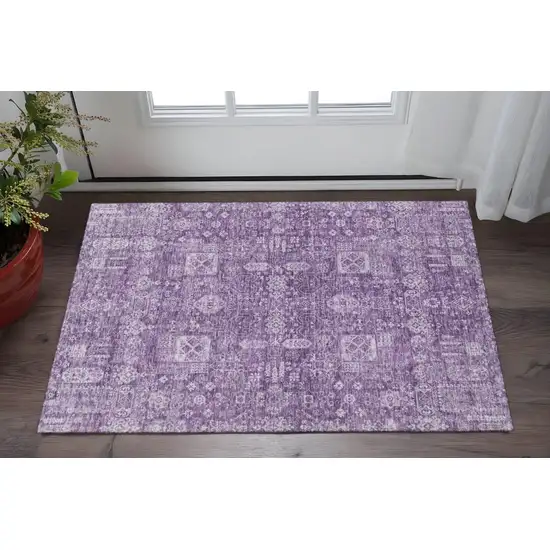 Purple And Ivory Floral Washable Area Rug With UV Protection Photo 2