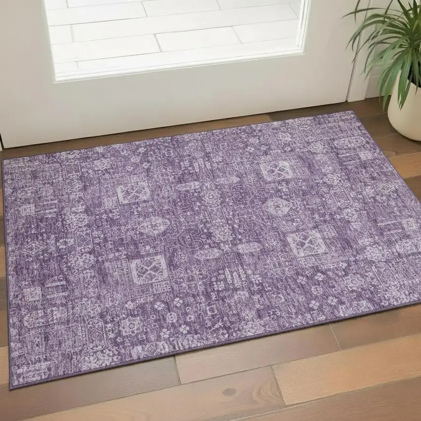Purple And Ivory Floral Washable Area Rug With UV Protection Photo 1