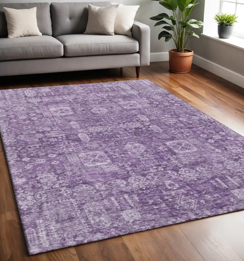 Purple And Ivory Floral Washable Area Rug With UV Protection Photo 2