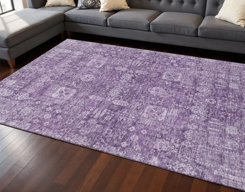 Purple And Ivory Floral Washable Area Rug With UV Protection Photo 2