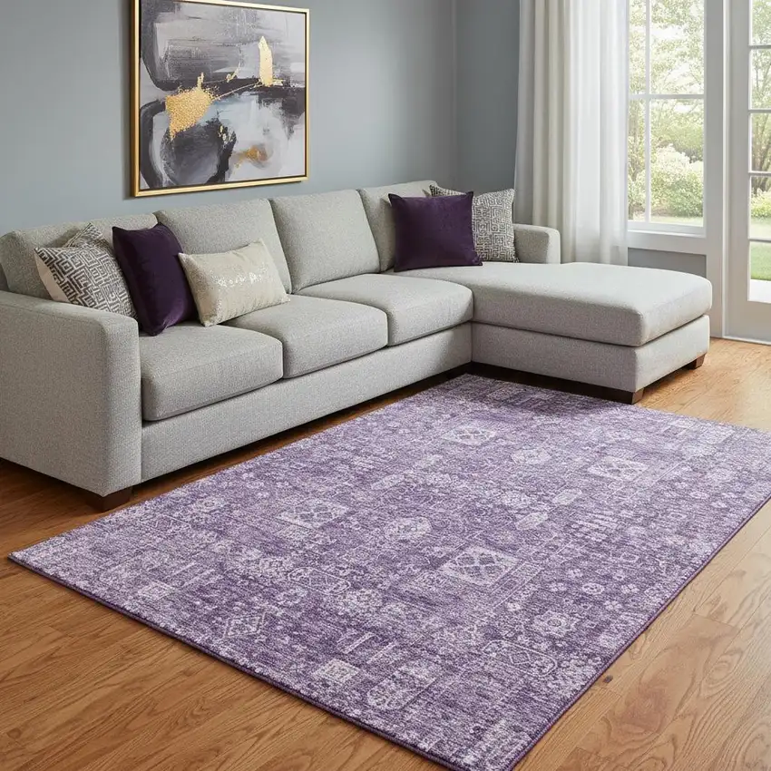 Purple And Ivory Floral Washable Area Rug With UV Protection Photo 1