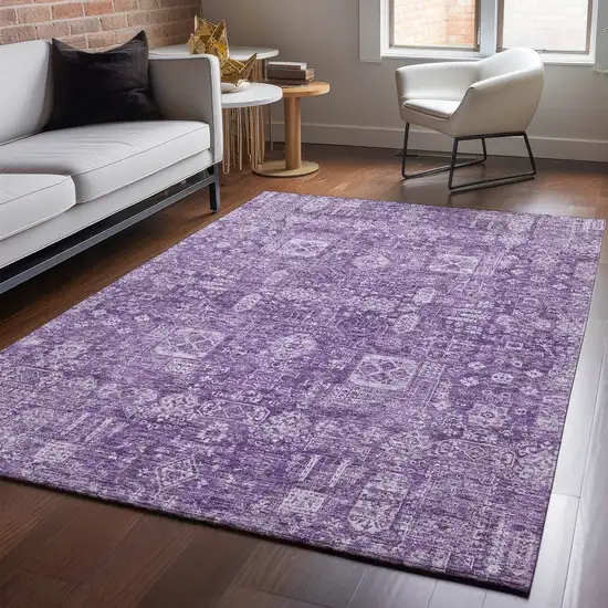 Purple And Ivory Floral Washable Area Rug With UV Protection Photo 5