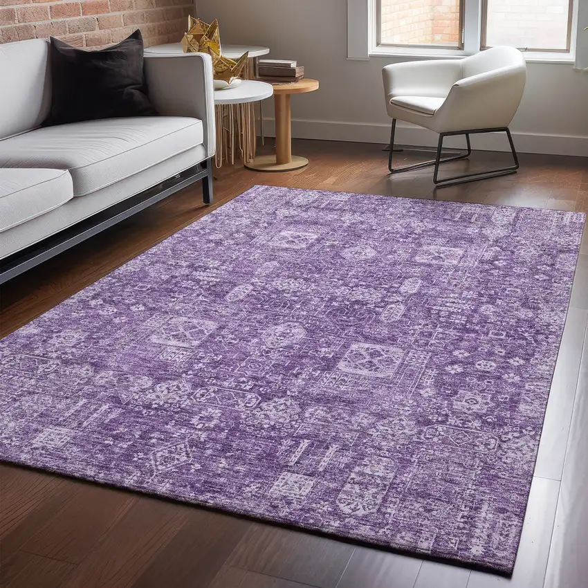 Purple And Ivory Floral Washable Area Rug With UV Protection Photo 5