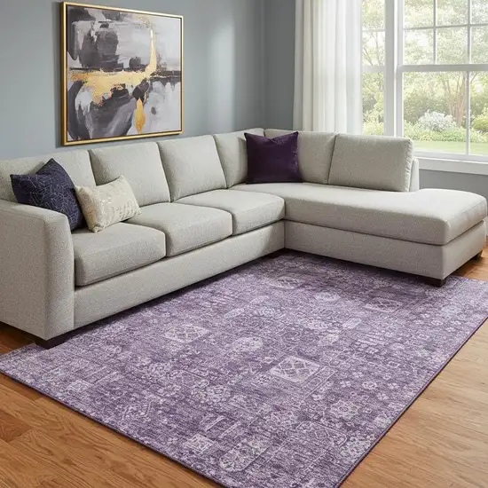 Purple And Ivory Floral Washable Area Rug With UV Protection Photo 1