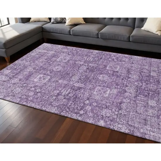 Purple And Ivory Floral Washable Area Rug With UV Protection Photo 2