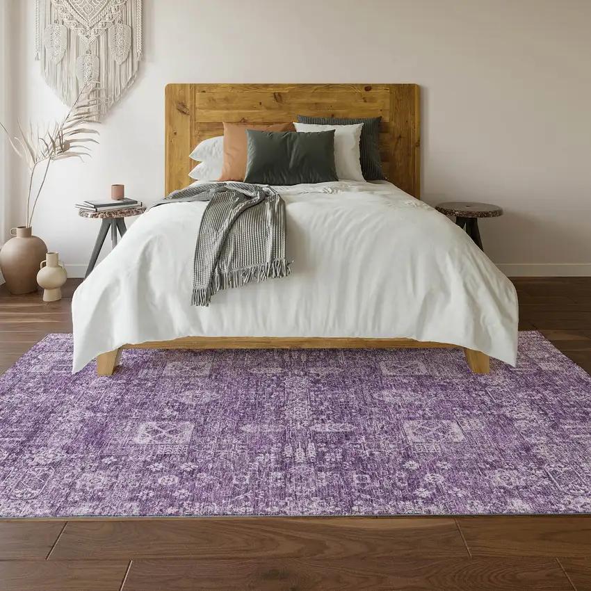 Purple And Ivory Floral Washable Area Rug With UV Protection Photo 6