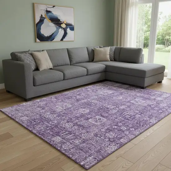 Purple And Ivory Floral Washable Area Rug With UV Protection Photo 1