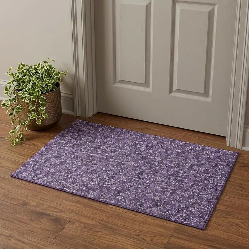 Purple And Ivory Floral Washable Area Rug With UV Protection Photo 1