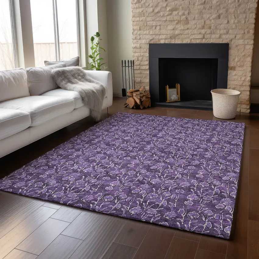 Purple And Ivory Floral Washable Area Rug With UV Protection Photo 6