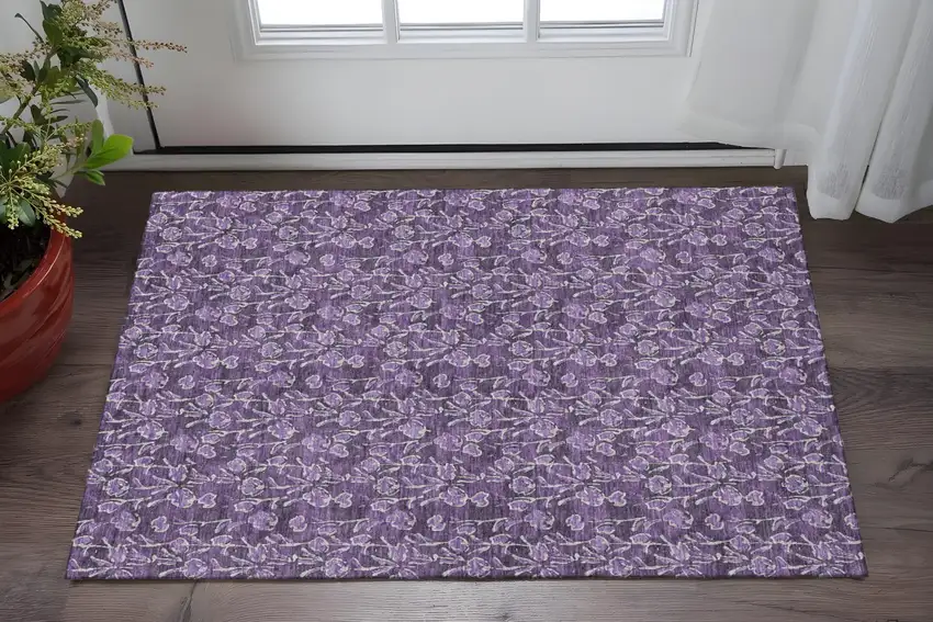 Purple And Ivory Floral Washable Area Rug With UV Protection Photo 2