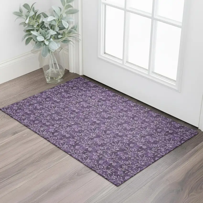 Purple And Ivory Floral Washable Area Rug With UV Protection Photo 1