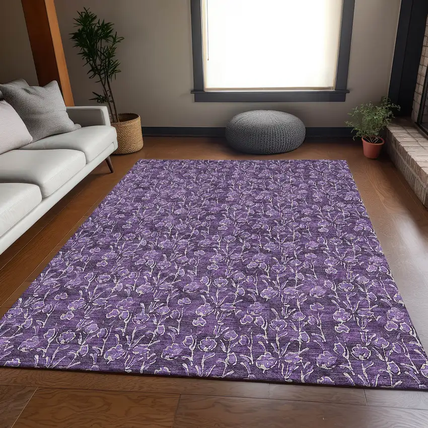 Purple And Ivory Floral Washable Area Rug With UV Protection Photo 5