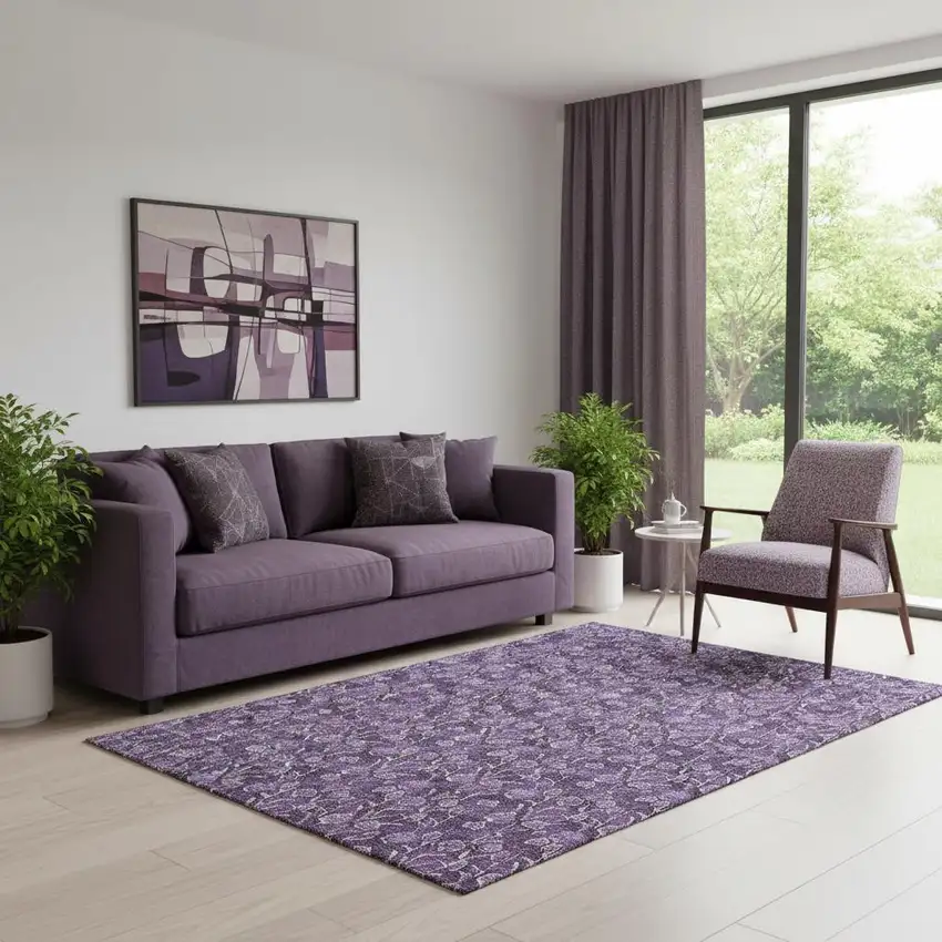 Purple And Ivory Floral Washable Area Rug With UV Protection Photo 1