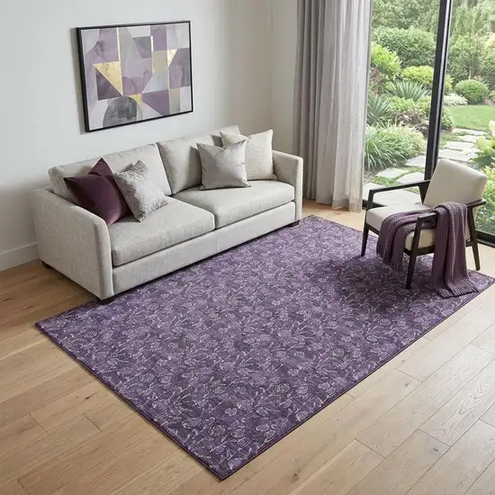 Purple And Ivory Floral Washable Area Rug With UV Protection Photo 1
