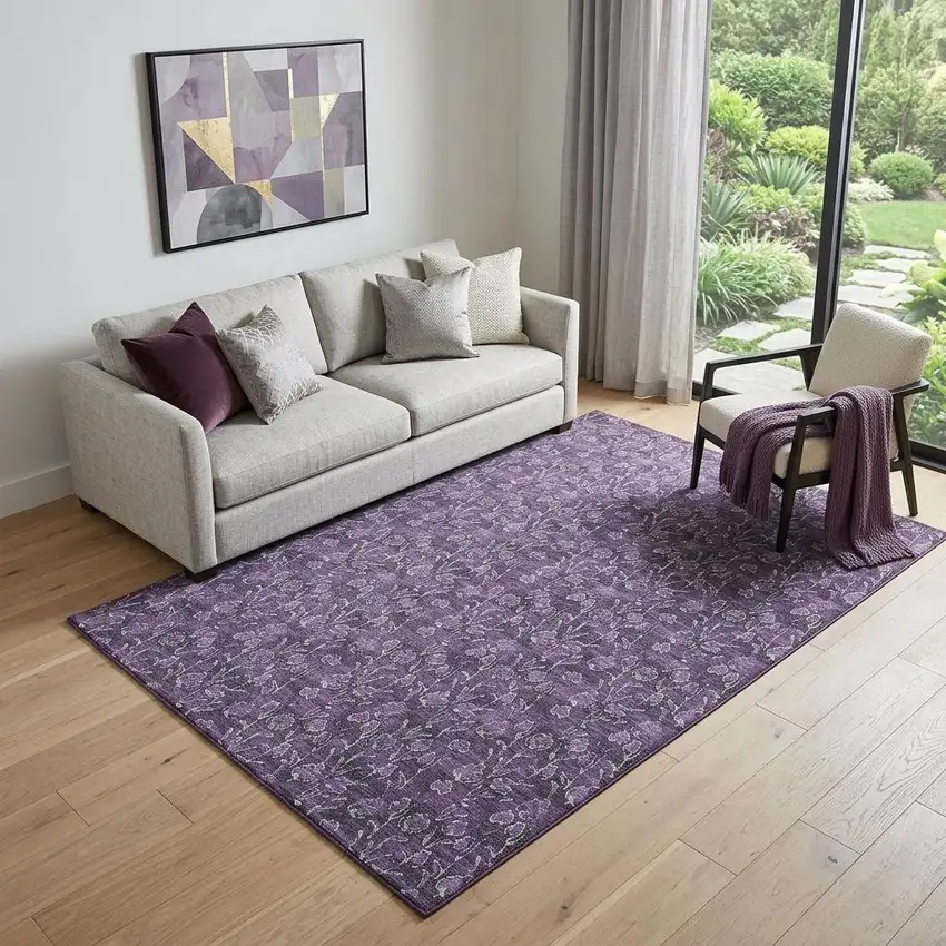Purple And Ivory Floral Washable Area Rug With UV Protection Photo 1