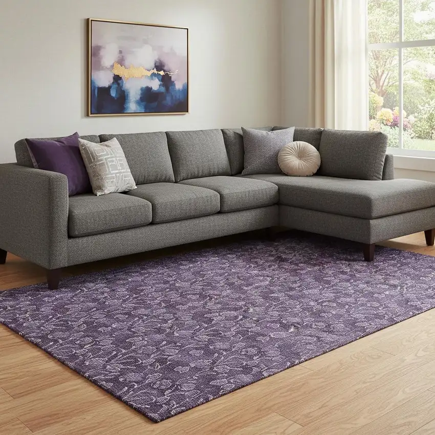 Purple And Ivory Floral Washable Area Rug With UV Protection Photo 1