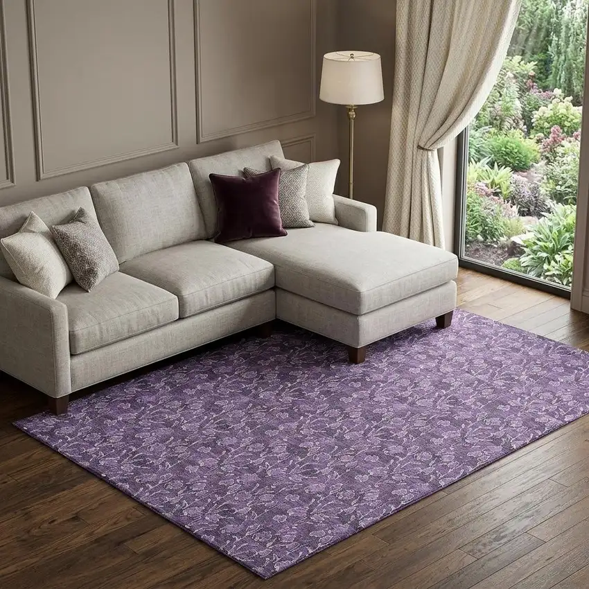 Purple And Ivory Floral Washable Area Rug With UV Protection Photo 1
