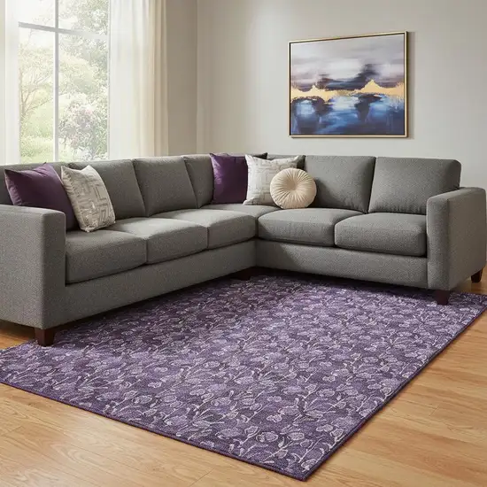 Purple And Ivory Floral Washable Area Rug With UV Protection Photo 1