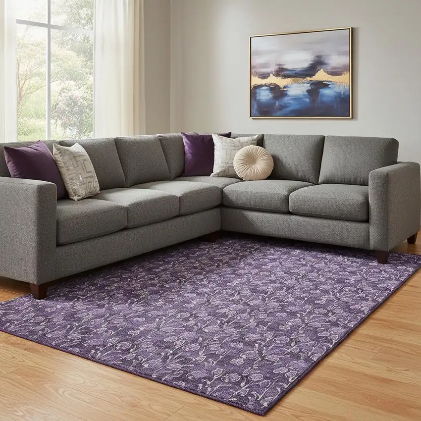 Purple And Ivory Floral Washable Area Rug With UV Protection Photo 1