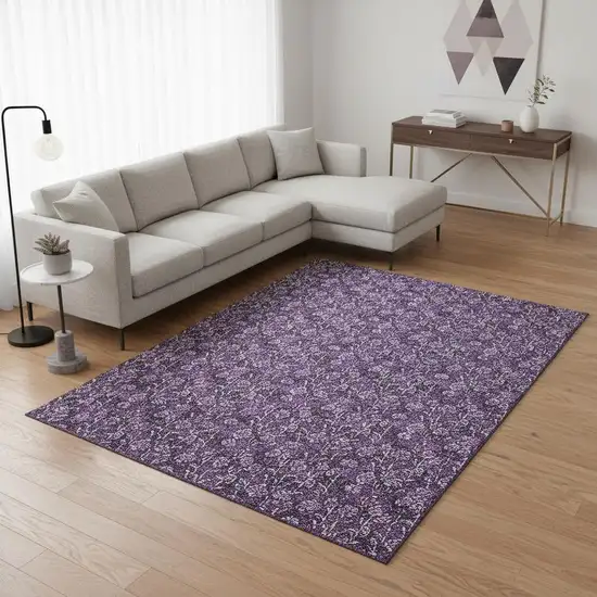 Purple And Ivory Floral Washable Area Rug With UV Protection Photo 1